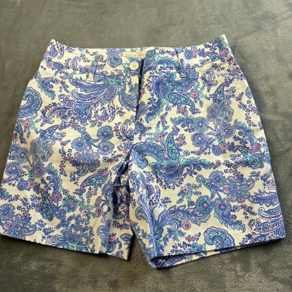 Talbots Petite Blue Pink Paisley Chino Shorts Size‎ 2P Cotton Stretch Summer